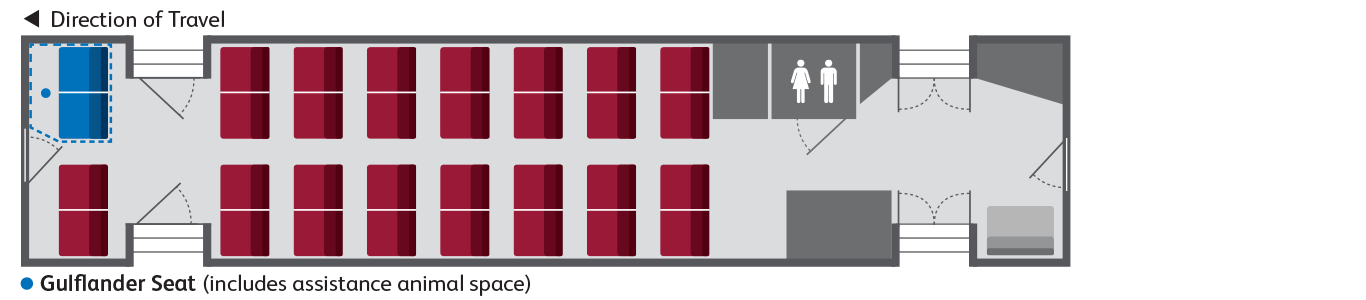 Carriage TP1809 layout diagram showing locations of seats, doors, aisles and toilet. Full details in text below image