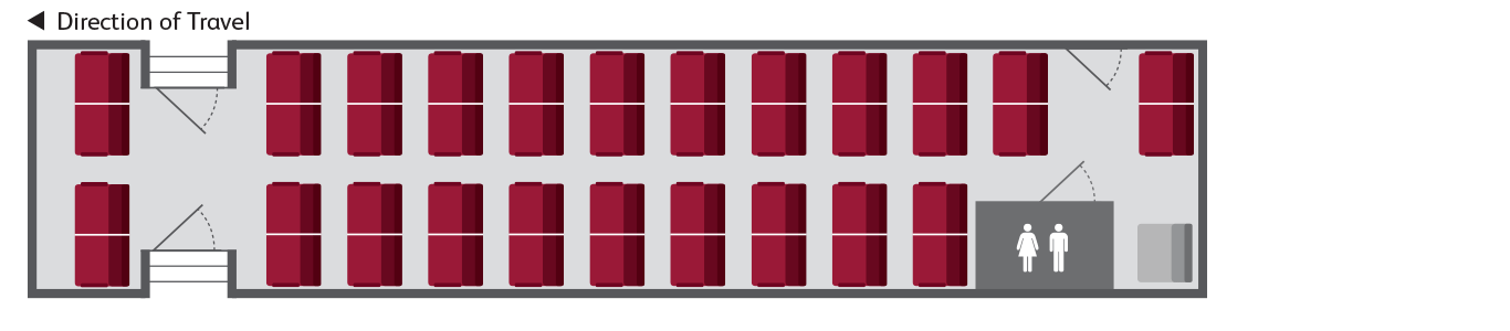 Carriage TP1181 layout diagram showing locations of seats, doors, aisles and toilet. Full details in text below image